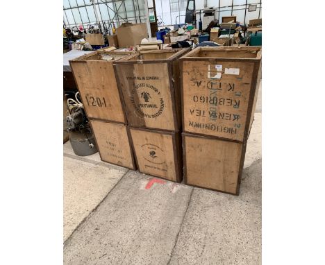 SIX VINTAGE WOODEN TEA CHESTS
