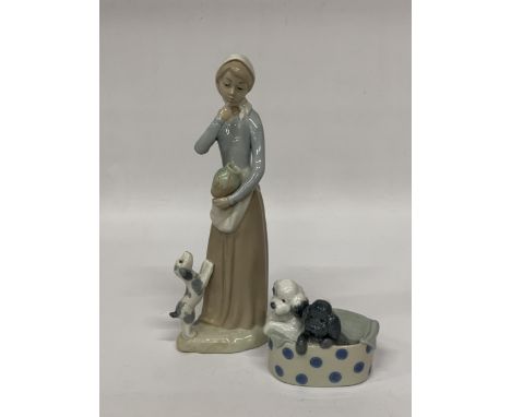 A NAO FIGURE  POODLES AND DOTS AND A CASCADE FIGURE  OF A LADY WITH A DOG