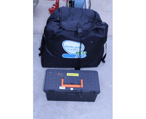 AN ECO PRO BIRTH POOL IN A BOX AND A TOOL BOX CONTAINING A PUMP AND ATTATCHMENTS ETC