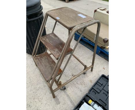 A VINTAGE TWO STEP WOODEN AND METAL TROLLEY