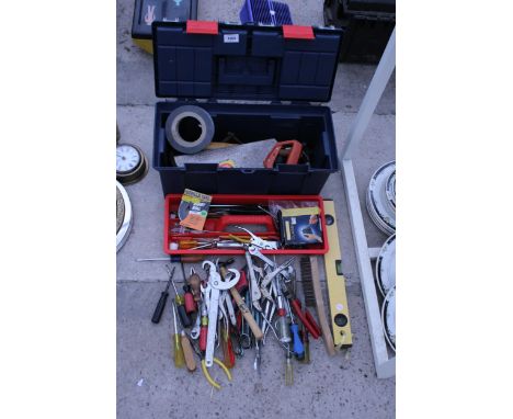 A PLASTIC TOOL BOX WITH A LARGE ASSORTMENT OF HAND TOOLS TO INCLUDE SPANNERS, SCREW DRIVERS AND A WIRE BRUSH ETC