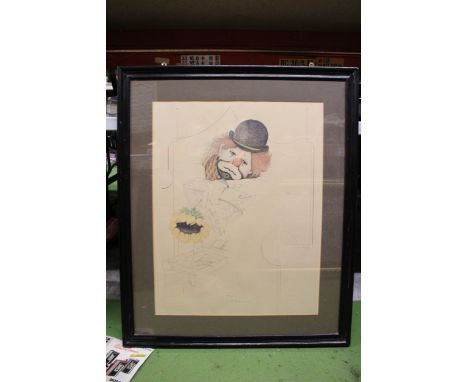 A LARGE PRINT OF A SAD CLOWN, 75CM X 90CM