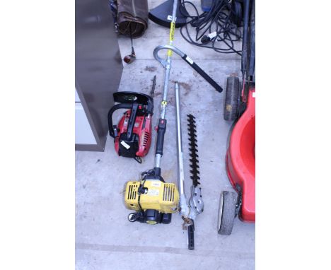 A PETROL GRASS STRIMMER, A LONG REACH HEDGE TRIMMER ATTATCHMENT AND AN XXXTOOLS PETROL CHAINSAW