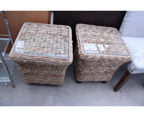 A PAIR OF RATTAN ANTIGA BIG BANANA LAMP TABLES WITH INSET GLASS TOPS, 18" SQUARE EACH