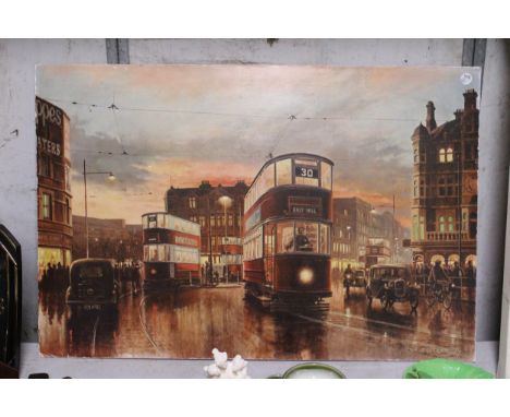 A DON BRECKON SIGNED PRINT OF A STREET SCENE WITH TRAMS, 76CM X 50CM