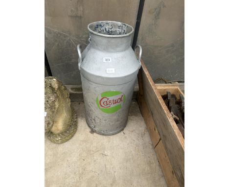 AN ALUMINIUM MILK CHURN WITH CASTROL PAINTED DECORATION