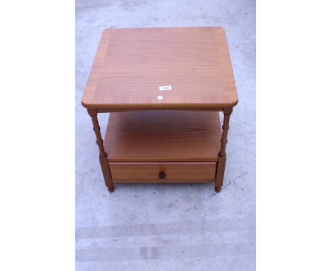 A RETRO TEAK LAMP TABLE WITH SINGLE DRAWER ON TURNED UPRIGHTS, 20" SQUARE