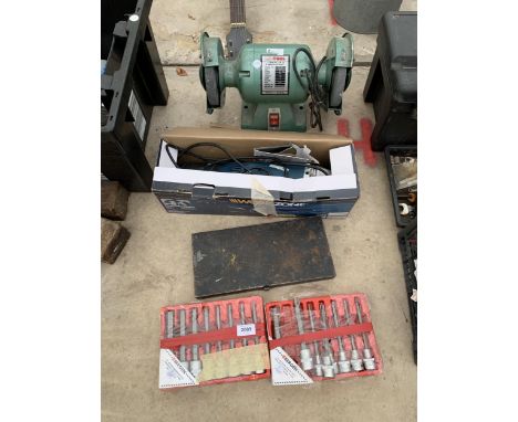 AN ASSORTMENT OF TOOLS TO INCLUDE A NUTOOL BENCH GRINDER, SOCKETS AND A WORKZONE GRINDER