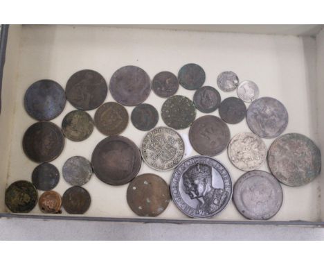 A QUANTITY OF OLD COINS TO INCLUDE A WW2 BRITISH 1937 GEORGE VI &amp; ELIZABETH CORONATION BRONZE MEDAL