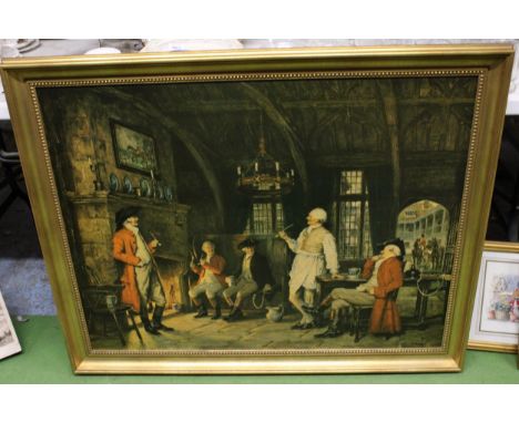 A LARGE FRAMED PRINT OF A VINTAGE INN WITH HUNTSMEN, IN A GILT FRAME, 102CM X 82CM