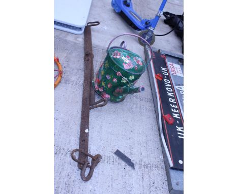 A VINTAGE BUTCHERS HOOK BAR AND A BARGE WARE WATERING CAN