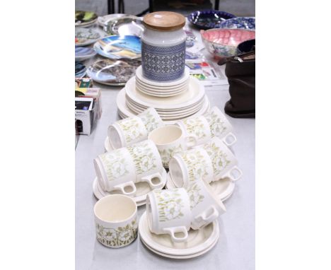 A QUANTITY OF VINTAGE HORNSEA POTTERY 'FLEUR' TO INCLUDE PLATES, A STORAGE CANISTER, SUGAR BOWL, CUPS AND SAUCERS