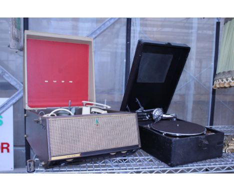 A VINTAGE GRIFFITHS WIND UP RECORD PLAYER AND A FURTHER BUSH PORTABLE RECORD PLAYER
