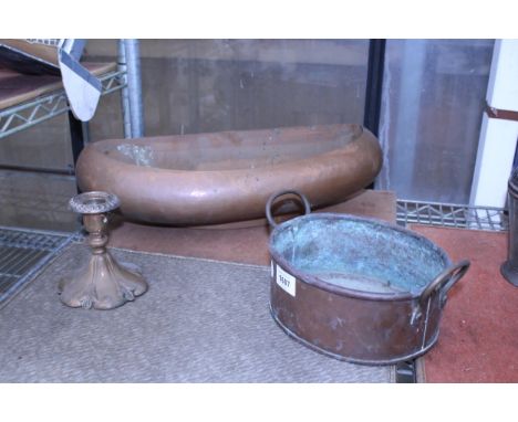 TWO VINTAGE COPPER PLANTERS AND A COPPER CANDLESTICK