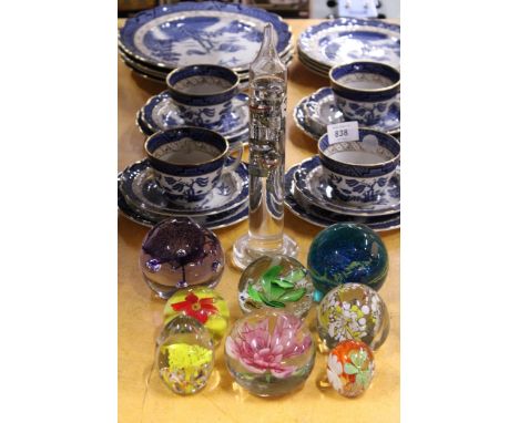 EIGHT GLASS PAPERWEIGHTS PLUS A GLASS GALILEO THERMOMETER
