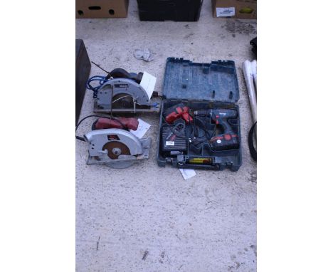 THREE VARIOUS POWER TOOLS TO INCLUDE A MAKITA CIRCULAR SAW AND A BOSCH BATTERY DRILL ETC