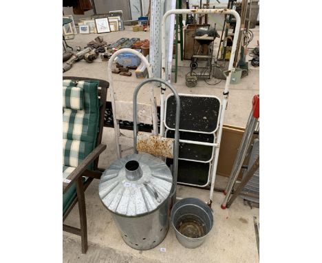 THREE VARIOUS STEP LADDERS, A GARDEN FIRE BIN AND A METAL BUCKET