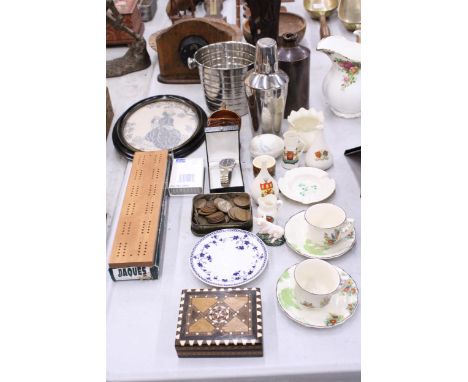 A LARGE MIXED LOT TO INCLUDE BELLEEK, A COCKTAIL SHAKER AND WINE BUCKET, PRE-DECIMAL COINS, MYOTT AND SON CUPS AND SAUCERS, A