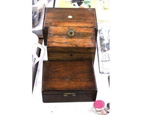 TWO MAHOGANY SEWING BOXES PLUS A MAHOGANY TEA CADDY