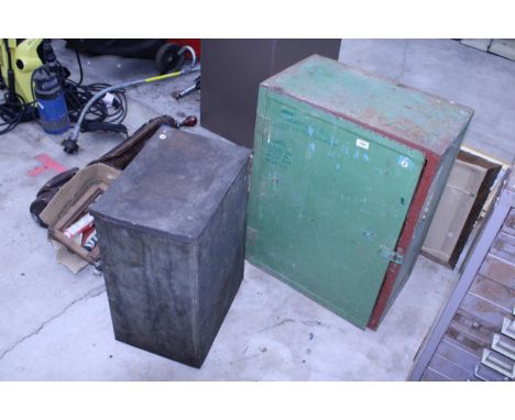 A VINTAGE METAL WALL CUPBOARD WITH INTERNAL SHELVING AND A VINTAGE METAL STORAGE BOX