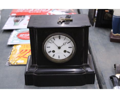 AN L MARCHAND, PARIS, VINTAGE SLATE MANTLE CLOCK WITH KEY AND PENDULUM