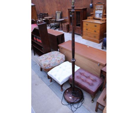 AN ERCOL STYLE STOOL, TWO OTHER STOOLS AND A STANDARD LAMP