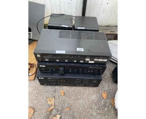 AN ASSORTMENT OF STEREO ITEMS TO INCLUDE TWO EDIS POWER AMPLIFIERS, A TECHNICS STEREO INTERGRATED AMPLIFIER AND A PAIR OF SPE