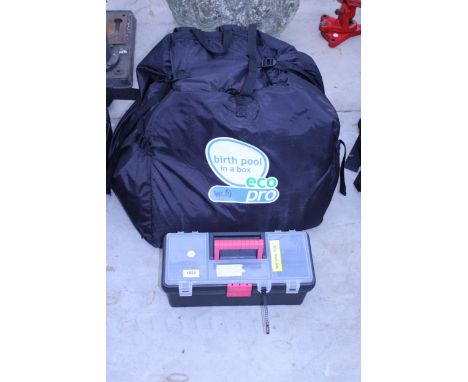 AN ECO PRO BIRTH POOL IN A BOX AND A TOOL BOX CONTAINING A PUMP AND ATTATCHMENTS ETC
