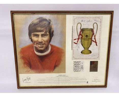 A GEORGE BEST FRAMED AND GLAZED MONTAGE TO INCLUDE A LIMITED EDITION 132/500 SIGNED PRINT BY HEATHER HARMAN, A CARD SIGNED BY