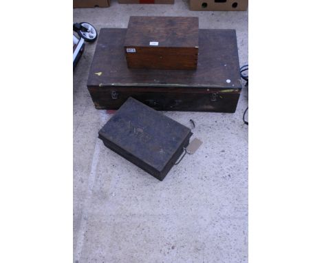 TWO VINTAGE WOODEN STORAGE BOXES AND A FURTHER METAL DEED TIN