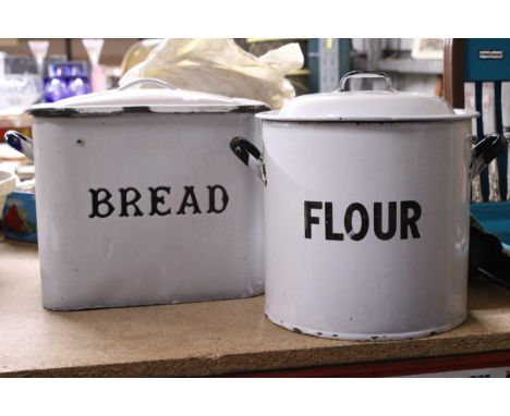 A VINTAGE ENAMEL BREAD BIN AND FLOUR CONTAINER