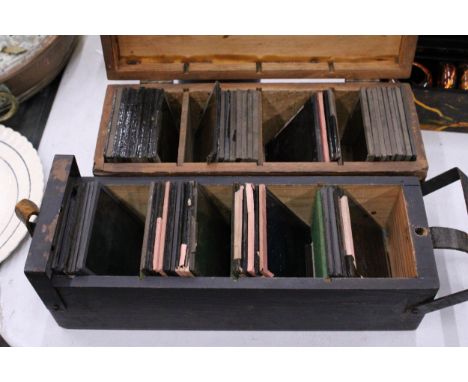 TWO BOXES OF COLOURED MAGIC LANTERN SLIDESWITH MYTHICAL AND VICTORIAN SCENES