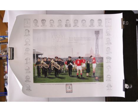 A LIMITED EDITION PENCIL SIGNED MANCHESTER UNITED  LITHOGRAPH 'A TEAM FOR ALL SEASONS' PUBLISHED TO COMMEMORATE THE 50TH ANNI