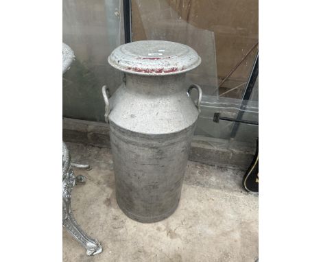 A VINTAGE ALUMINIUM MILK CHURN WITH N.D.HULL LID (H:76CM)