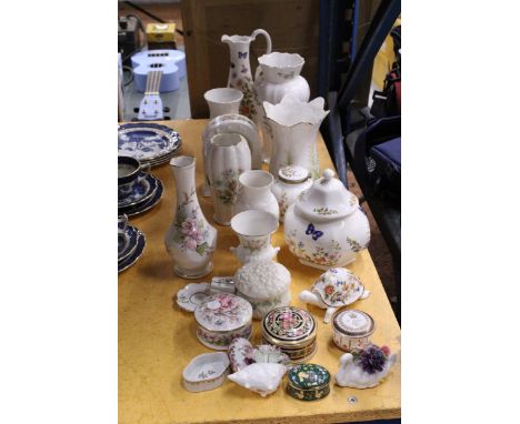 A QUANTITY OF COLLECTABLE CHINA TO INCLUDE MAINLY AYNSLEY, VASES, TRINKET BOXES, A MANTLE CLOCK, ETC