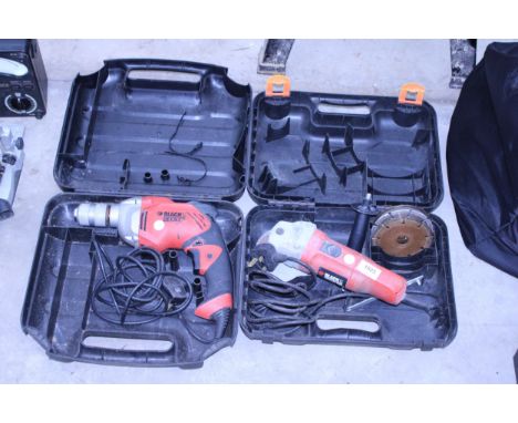 A BLACK AND DECKER ELECTRIC DRILL (KR 701L 230V 730W) AND A FURTHER BLACK AND DECKER ANGLE GRINDER (KG915 4 1/2")