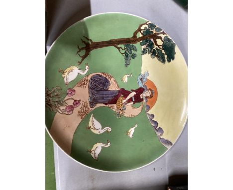 A LARGE CERAMIC PAINTED PLATE OF A LADY WITH A FLOWER BASKET AND DUCKS.