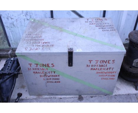 A LARGE GALVANISED METAL STORAGE TRUNK WITH TWIN CARRYING HANDLES