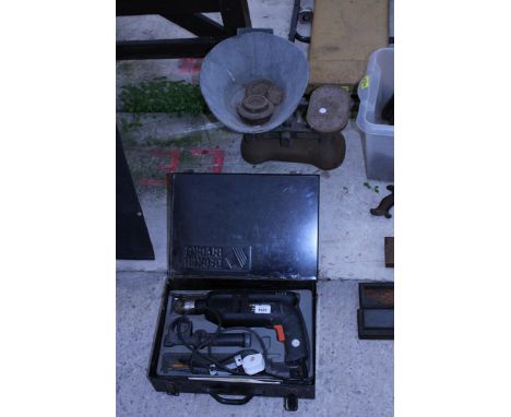 A BLACK AND DECKER ELECTRIC DRILL WITH CARRY CASE AND A SET OF VINTAGE SCALES AND WEIGHTS