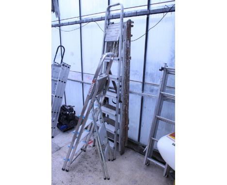 FOUR VARIOUS LADDERS TO INCLUDE TWO ALUMINIUM STEP LADDERS