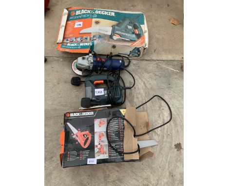 AN ASSORTMENT OF POWER TOOLS TO INCLUDE A GRINDER AND A BLACK AND DECKER JIGSAW ETC