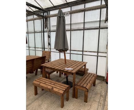 AS NEW EX DISPLAY CHARLES TAYLOR GARDEN FURNITURE SET. ONE SQUARE TABLE WITH UMBRELLA AND UMBRELLA STAND. FOUR DOUBLE BENCHES