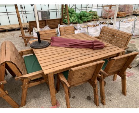 AN AS NEW EX DISPLAY CHARLES TAYLOR GARDEN FURNITURE SET. ONE LARGE SQUARE TABLE WITH UMBRELLA AND UMBRELLA STAND. TWO DOUBLE