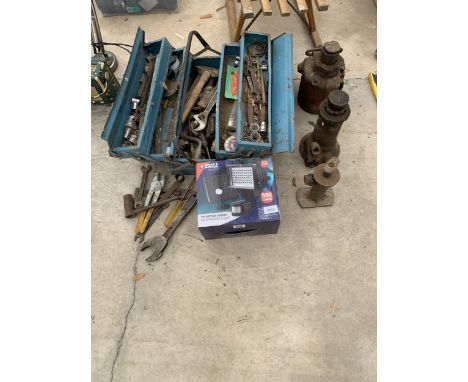 AN ASSORTMENT OF TOOLS TO INCLUDE SPANNERS AND THREE BOTTLE JACKS ETC