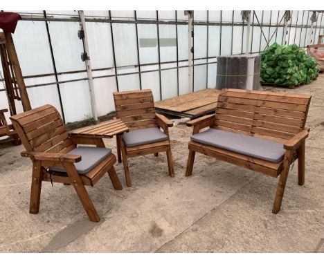 AN AS NEW EX DISPLAY CHARLES TAYLOR GARDEN FURNITURE SET. ONE TWO SEATER BENCH AND TWO SINGLE CHAIRS WITH ADJOINING SHELF. FO