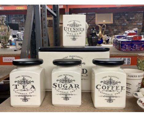 A KITCHEN SET TO INCLUDE SUGAR, COFFEE AND TEA STORAGE JARS, A BREAD BIN AND A UTENSILS HOLDER