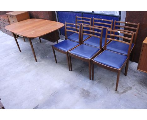 A RETRO TEAK EXTENDING DINING TABLE, 50" X 39" (LEAF 17") AND SIX CURVED LADDER BACK DINING CHAIRS