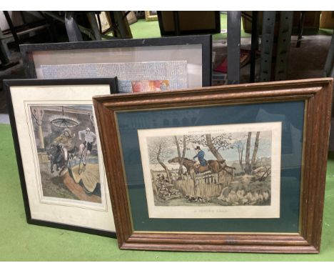 TWO FRAMED PRINTS TO INCLUDE 'HUNTING INCIDENTS. A FLYING LEAP' AND 'A HORSE AND BICYCLE RACE AT THE AGRICULTRAL HALL' AND A 