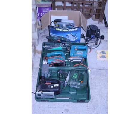 AN ASSORTMENT OF POWER TOOLS TO INCLUDE A ROUTER, JIGSAWS AND A WORKZONE CIRCULAR SAW ETC