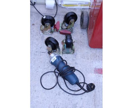FOUR TROLLEY WHEELS AND A BOSCH ELECTRIC DREMMEL STYLE TOOL